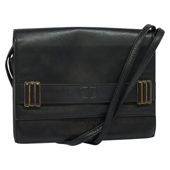 Authentic VALENTINO Shoulder Bag Leather Navy Gold